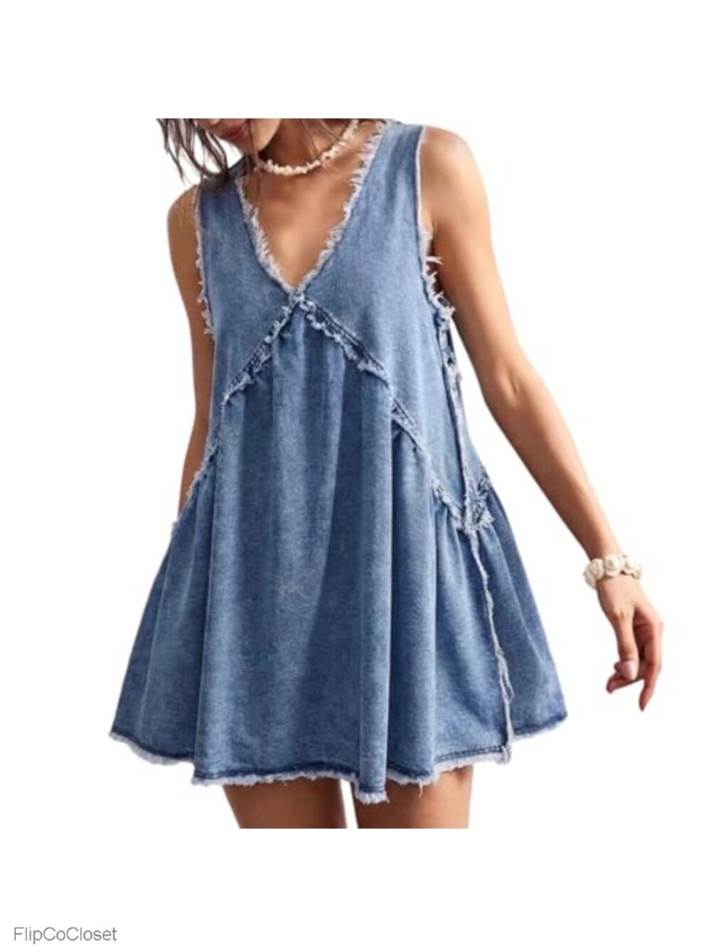 Denim Babydoll Dress Sleeveless V Neck A-Line Frayed Edge Mini Jean Dress